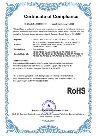 SCENTA RoHS certificate